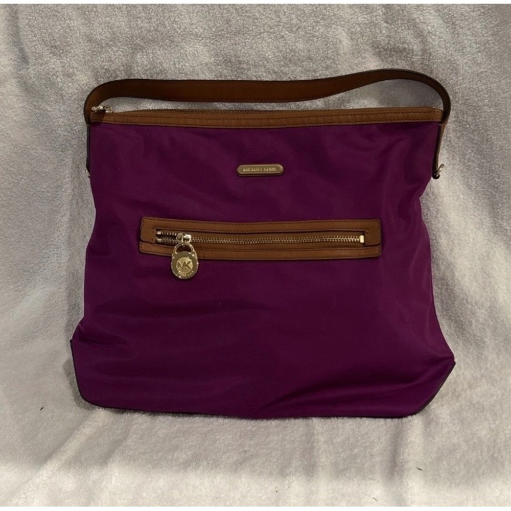 Michael Kors Purple Nylon Leather Trim Hobo Shoulder Bag Gold Padlock Charm